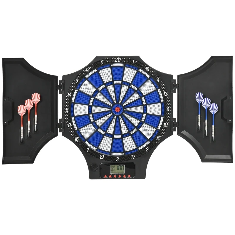 Dartscheibe, elektronisch, 31 Spiele, für 8 Spieler, 2 Türen, 6 Pfeile, Sound, schwarz