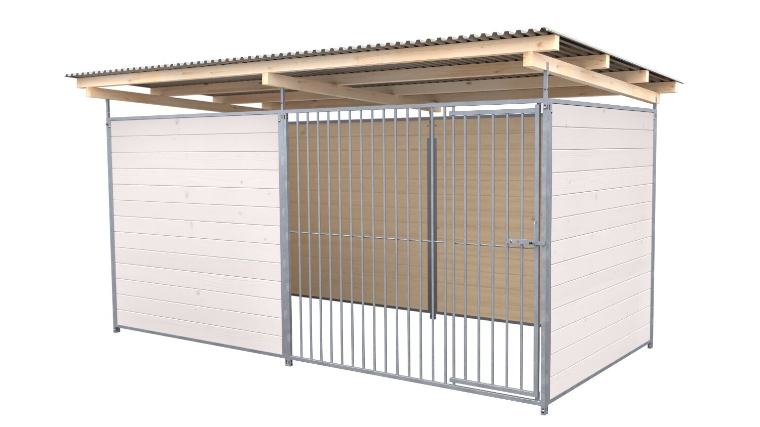 SAUERLAND Hundezwinger 2 x 4 m | 3,5-seitig geschlossen | weiss lasiert | Rohrstab Abstand 8 cm