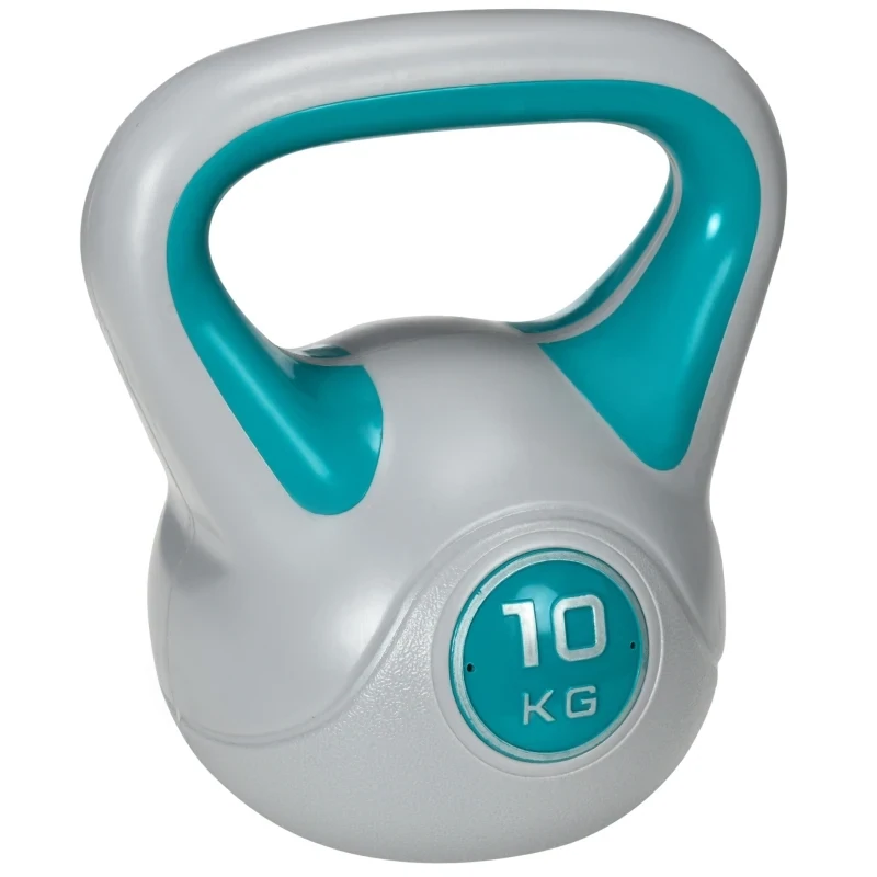 Kugelhantel, Kettlebell, 10 kg, flache Unterseite, grosser Griff, Kunstledermantel, blau,