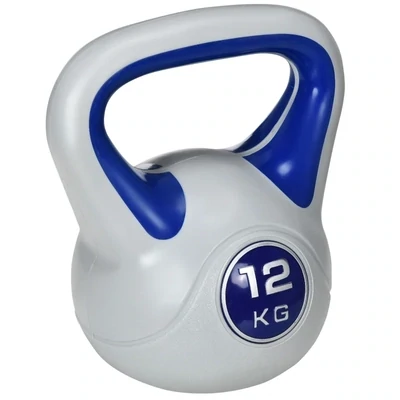 Kugelhantel, Kettlebell, 12 kg, flache Unterseite, großer Griff, Kunststoffmantel, blau, 24 x 17 x 28 cm
