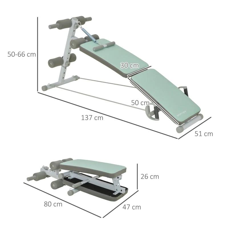 Trainingsbank, Bauchtrainer, höhenverstellbar, klappbar, 2 Widerstandsbänder, Stahl, grün