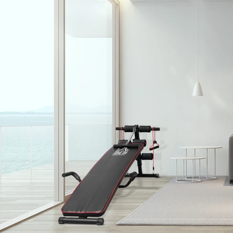 Sit Up Bank Bauchtrainer Trainingsbank Widerstandsbänder Stahl + PVC Schwarz + Rot