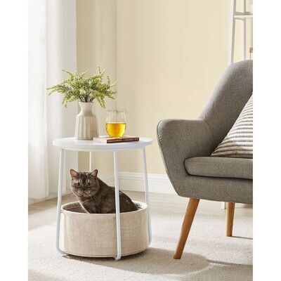 Runder Beistelltisch mit Korb aus Stoff weiss-beige