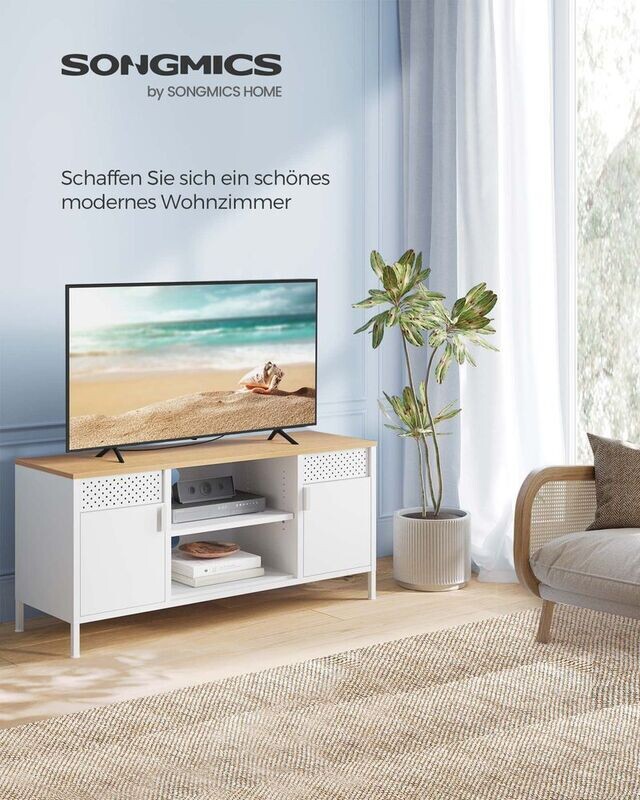 TV-Schrank 120 cm lang mit Türen und 3 verstellbaren Ablagen weiss