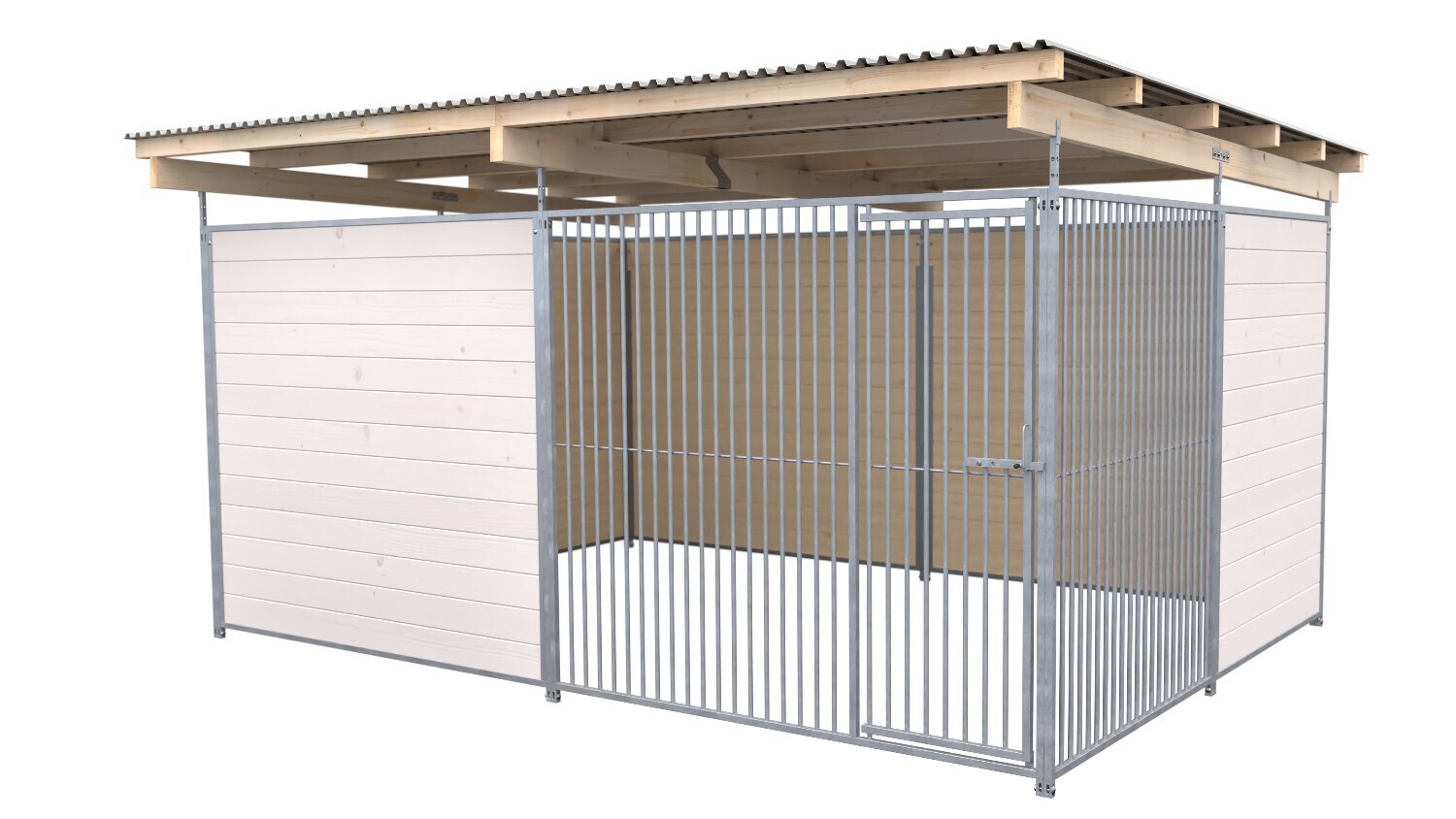 SAUERLAND Hundezwinger 3 x 4 m | offene Ecke | weiss lasiert | Rohrstab Abstand 5 cm