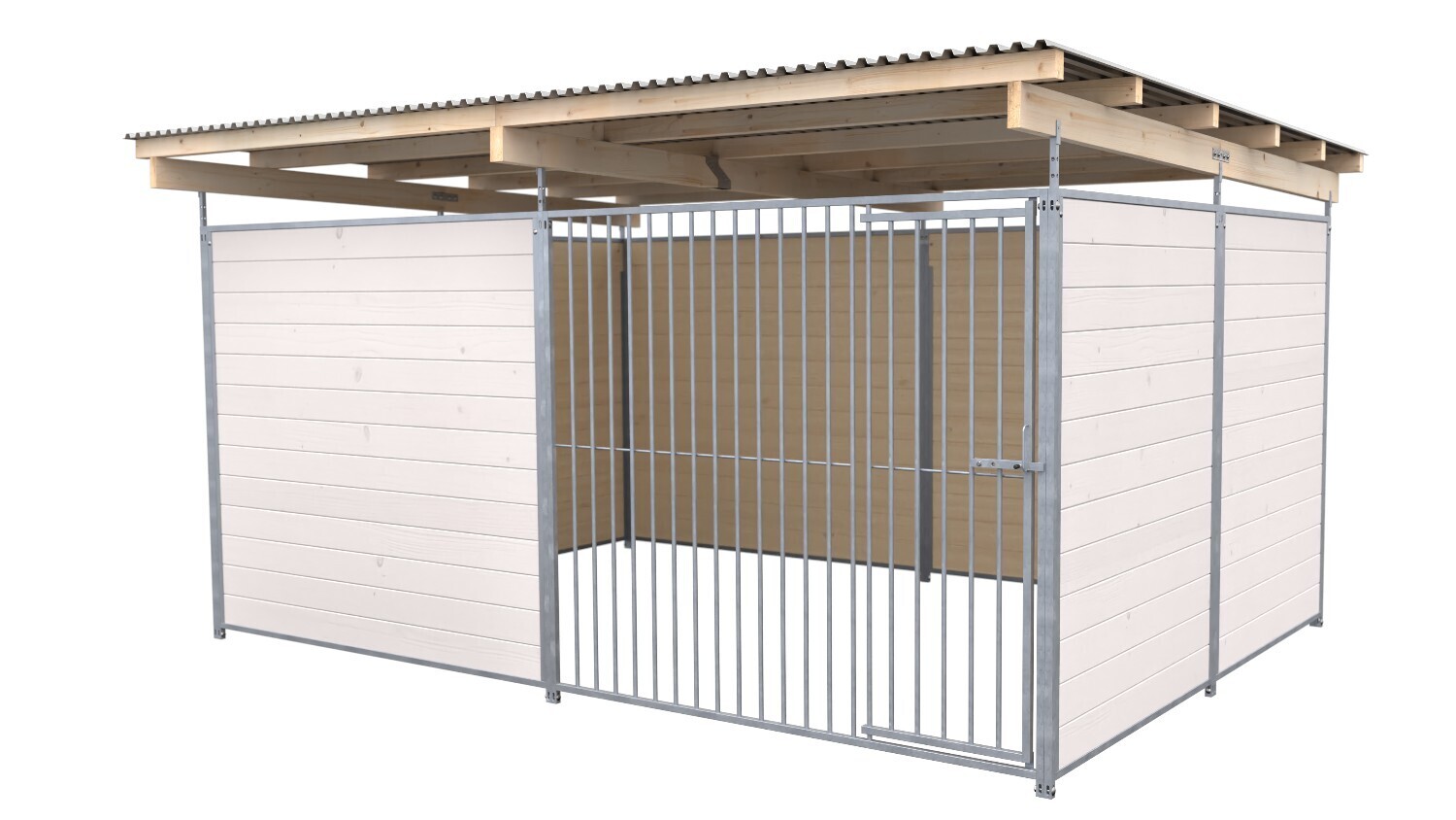 SAUERLAND Hundezwinger 3 x 4 m | 3,5-seitig geschlossen | weiss lasiert | Rohrstab Abstand 8 cm