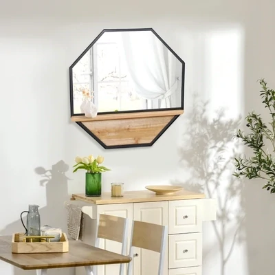Wandspiegel mit Ablage Industrie-Design Tannenholz Metall Schwarz +Natur
