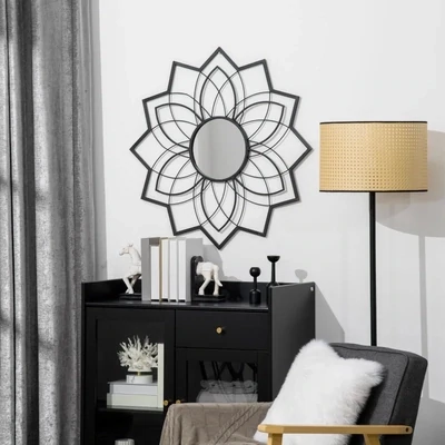 Runder Spiegel mit Floralen Mustern 79 cm Metall MDF Schwarz
