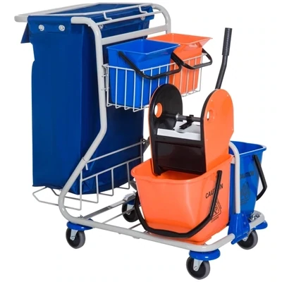 Putzwagen Reinigungswagen 4 Fahreimer mit Rollen Blau-Orange