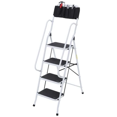 Trittleiter Haushaltsleiter Klappleiter, inkl. Werkzeughalterung, Geländer, 50 x 83 x 155 cm, Schwarz + Silber