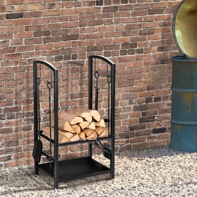Kaminholzständer Brennholzregal mit Kaminbesteck Schwarz
