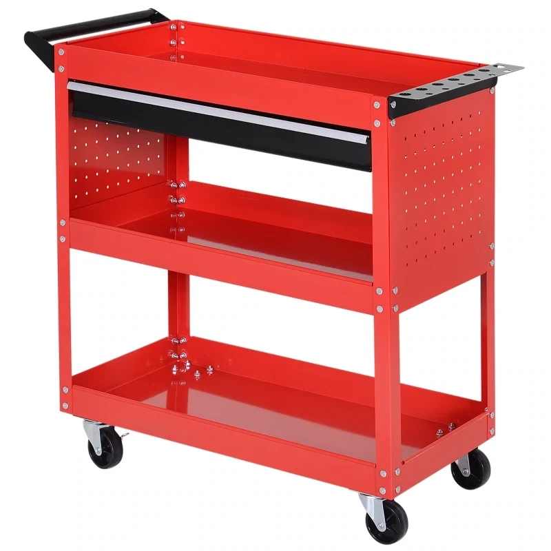 Werkzeugwagen, Werkstattwagen, 3 Ablagen, 2 Lochwände, bis 100 kg, Stahl, rot