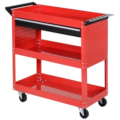 Werkzeugwagen, Werkstattwagen, 3 Ablagen, 2 Lochwände, bis 100 kg, Stahl, rot
