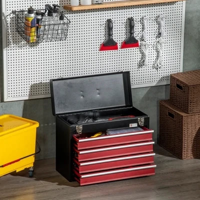 Werkzeugkoffer, Werkzeugkasten, 4 Schubladen, abschliessbar, Stahlgehäuse, schwarz+rot