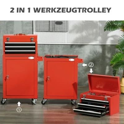 2-in-1 Werkzeugwagen, mobil, 3 Schubladen, Rot