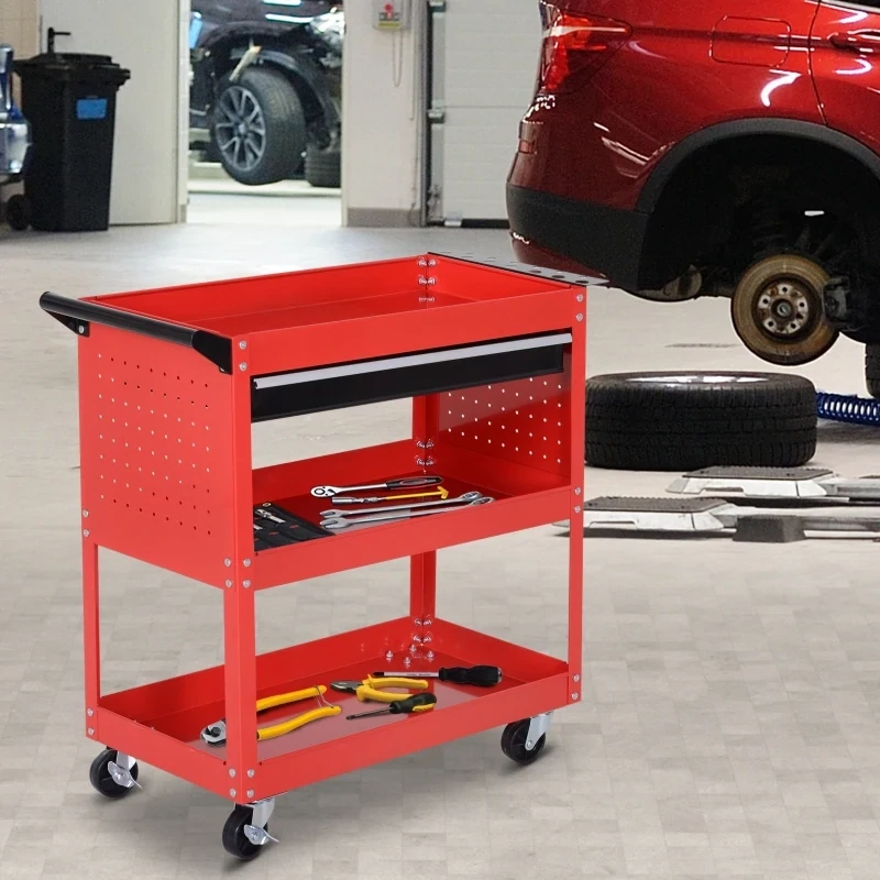 Werkzeugwagen, Werkstattwagen, 3 Ablagen, 2 Lochwände, bis 100 kg, Stahl, rot