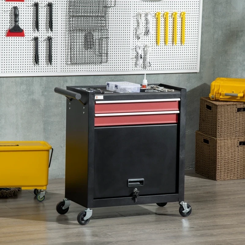 Werkzeugwagen mit 4 Rollen, 2 Schubladen, 1 Schrank, 62 cm x 33 cm x 74 cm, Rot + Schwarz