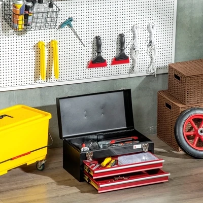 Werkzeugkoffer, Werkzeugkasten, 2 Schubladen, abschliessbar, Stahlgehäuse, schwarz+rot,
