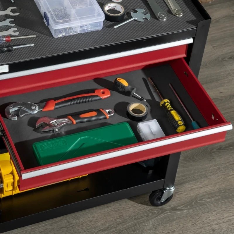Werkzeugwagen mit 4 Rollen, 2 Schubladen, 1 Schrank, 62 cm x 33 cm x 74 cm, Rot + Schwarz