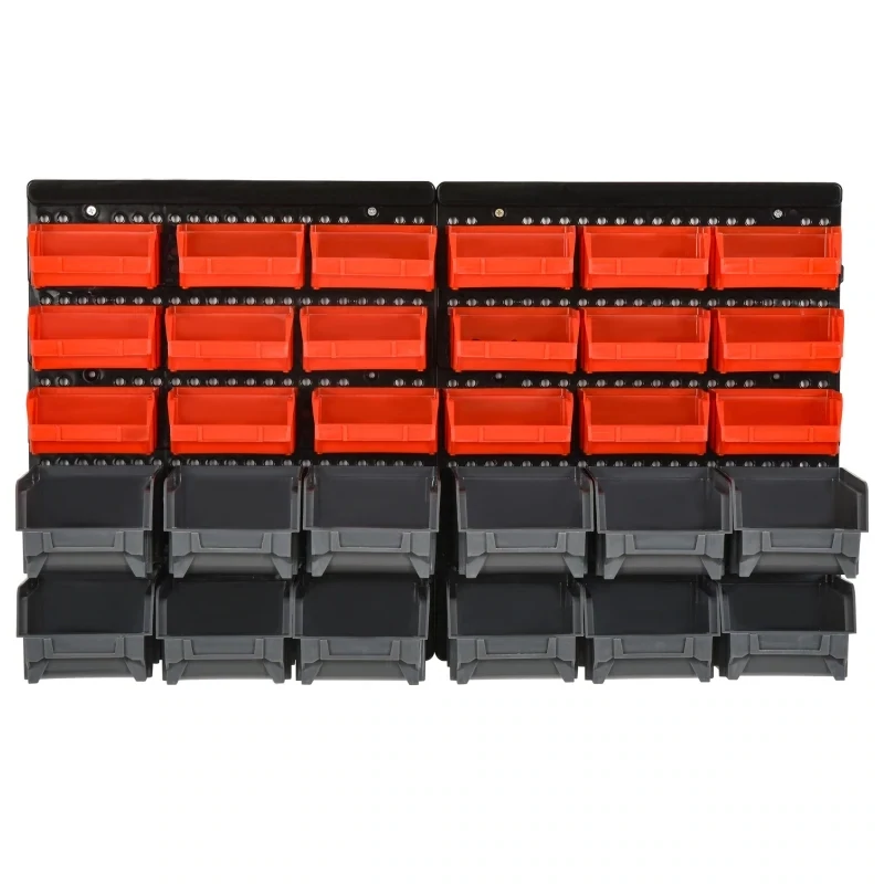 Aufbewahrungs-System Wandregal mit Stapelboxen, 30 Boxen, Rot + Grau+ Schwarz