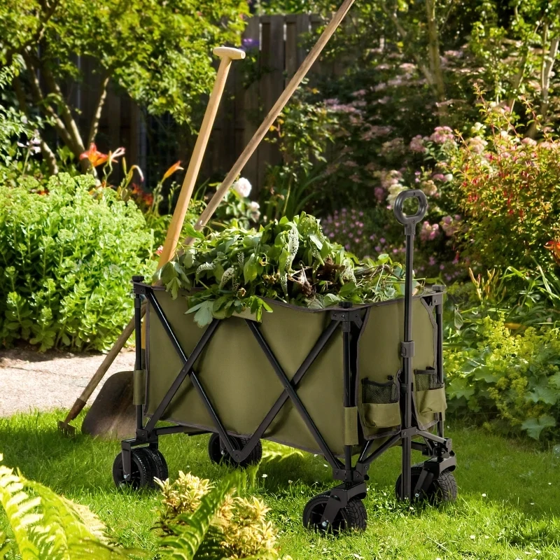 Bollerwagen, klappbar, 7 Seitentaschen, verstellbarer Griff, bis 120 kg, Stahl, grün