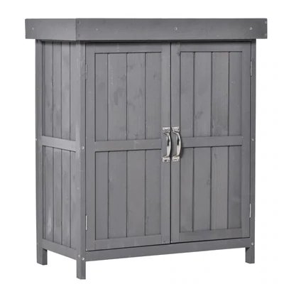 Geräteschrank, Doppeltür, Klappdeckel, 2 Regalfächer, wetterfest, Naturholz, grau