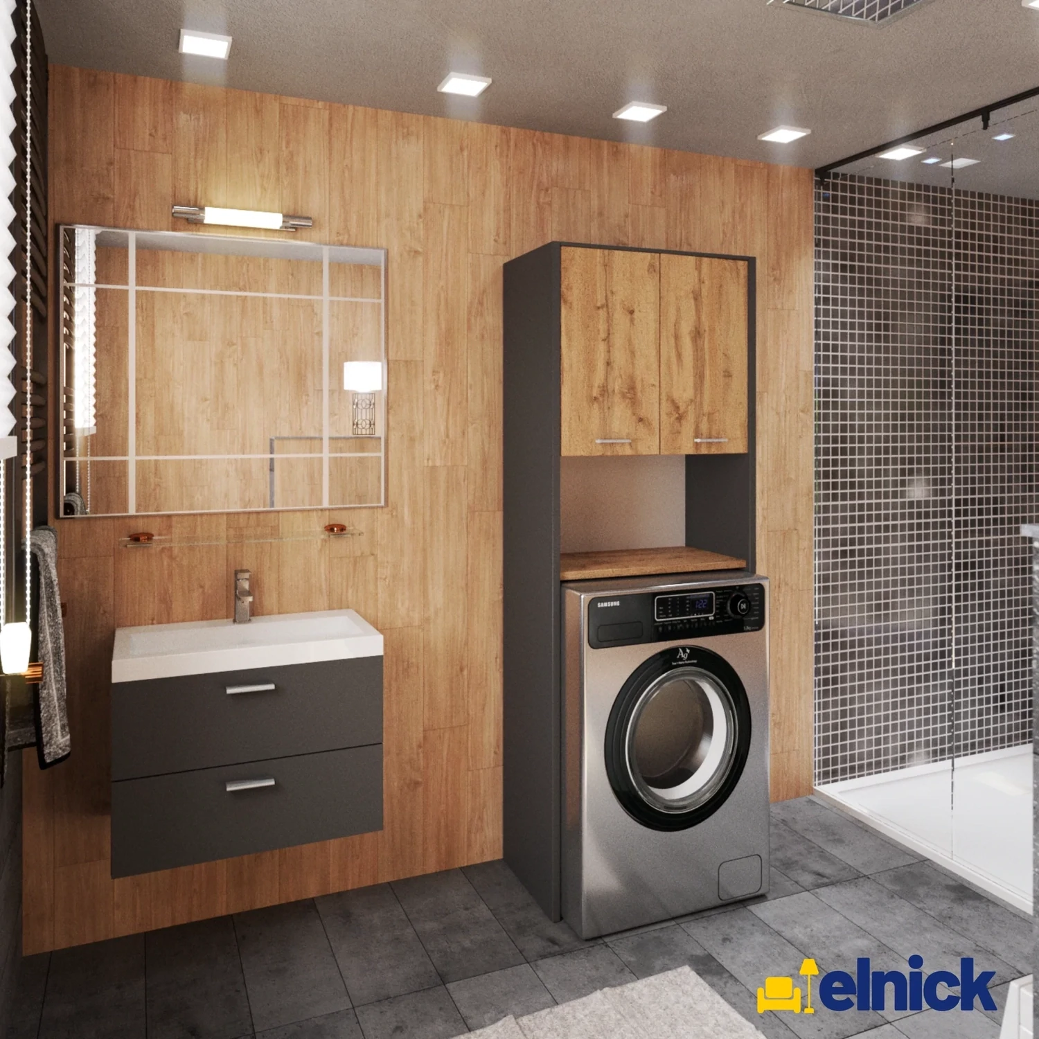 EMMA - Waschmaschinenschrank mit Türen und Einlegeböden - Anthrazit / Wotan Eiche