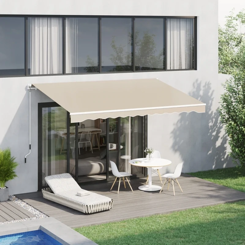 Sonnenstore, Markise, Sonnenschutz, einfahrbar, mit Handkurbel, Metallrahmen, Polyester, Weiss+Beige 3,95 x 2,45 m