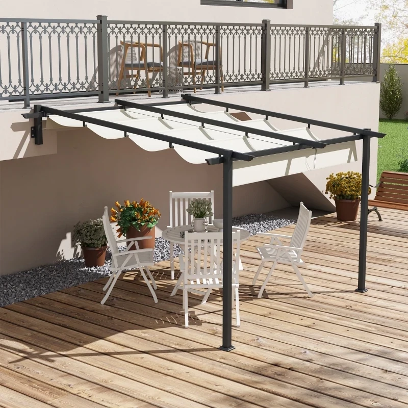 Gartenpavillon, Pergola, 3 x 3m, mit Sonnenstore, Wandmontage, Metallrahmen, Cremeweiss