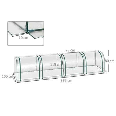 Tunnelgewächshaus, 395 x 100 x 80cm4 Fenster mit Reissverschluss, Stahlrahmen, robuste Plane, transparent