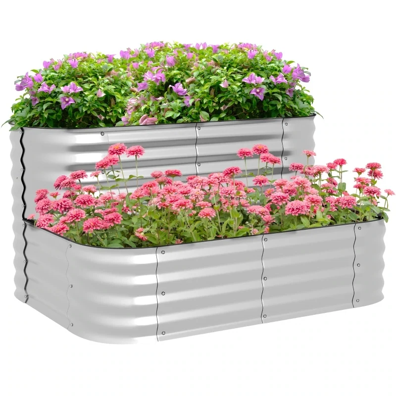 Hochbeet aus Metall, 2 Etagen, witterungsfest, offener Boden, 120 x 90 x 30cm, Silber