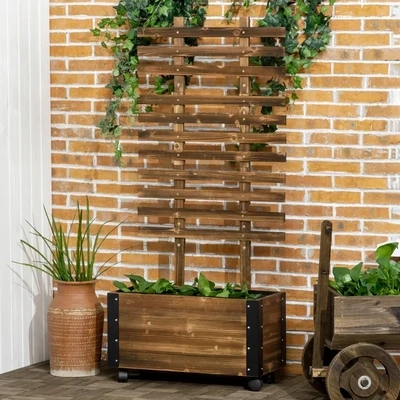 Hochbeet mit Rankhilfe, 4 Rollen, behandeltes Massivholz, 65 cm x 31 cm x 147 cm, Schwarz + Braun