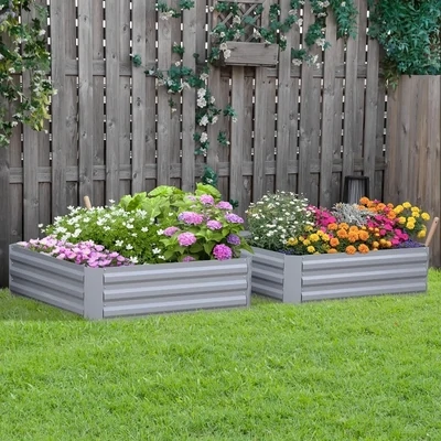 Pflanzkasten, 2er-Set, Blumenkasten, offener Boden, Stahlrahmen, grün, (2 x) 100 x 100 x 30 cm