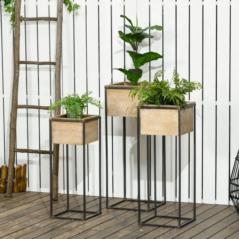3er-Set Pflanzenständer, Metallrahmen, rustikale Holzoptik, quadratische Blumenkästen