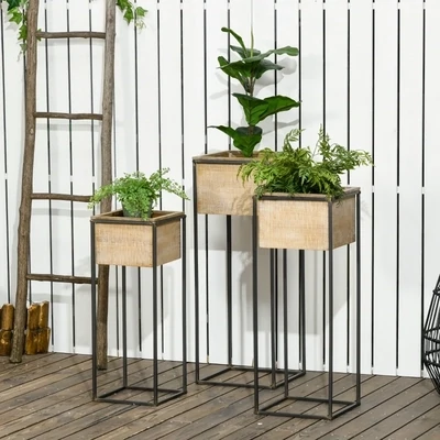 3er-Set Pflanzenständer, Metallrahmen, rustikale Holzoptik, quadratische Blumenkästen