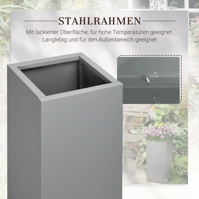 Pflanzkübel, lackierter Stahl, wetterbeständig, 34 cm x 34 cm x 76 cm, Grau