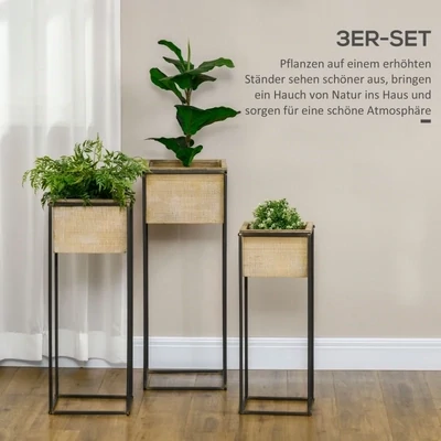 3er-Set Pflanzenständer, Metallrahmen, rustikale Holzoptik, quadratische Blumenkästen