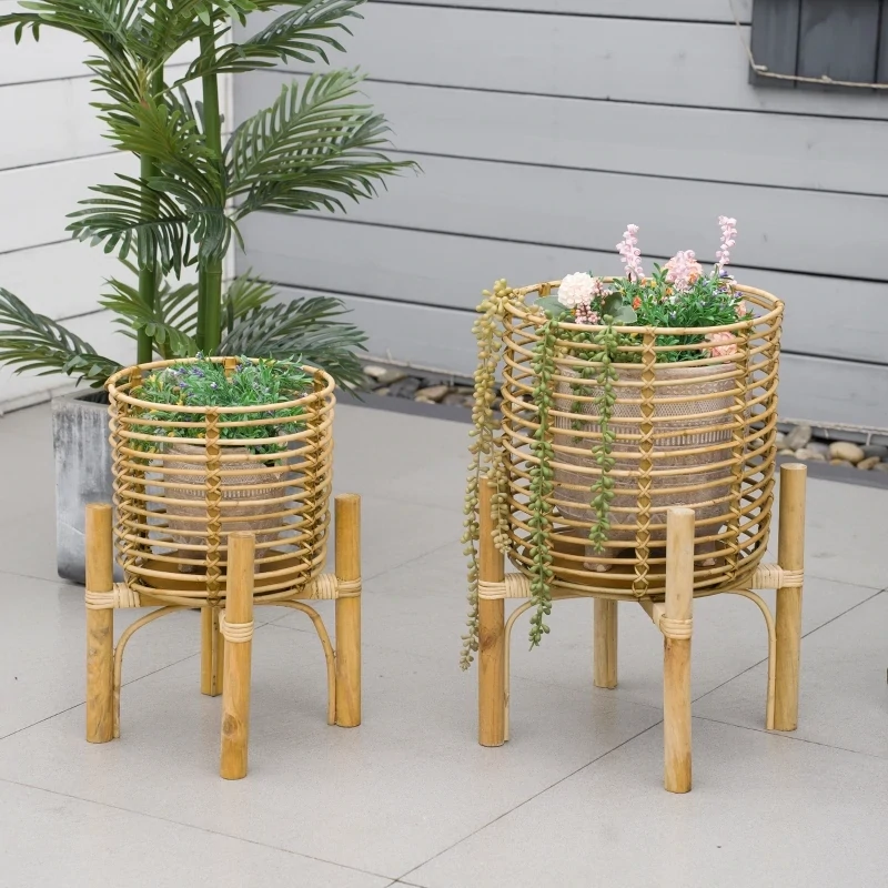 2er-Set Pflanzenständer, Körbe aus Rattan, Ständer aus Naturholz