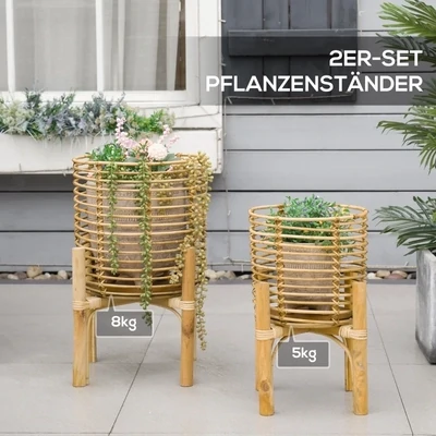 2er-Set Pflanzenständer, Körbe aus Rattan, Ständer aus Naturholz