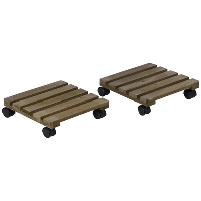 2er-Set rollende Pflanzenständer, Massivholz, 4 Rollen mit Bremsen, 30 cm x 30 cm x 7 cm, Braun + Schwarz