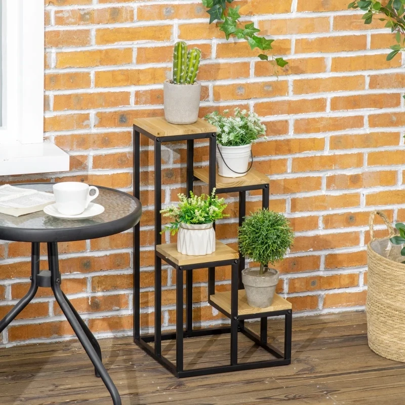 Pflanzenständer im Industrie Design mit 4 Regalen, Blumentreppe, 34 cm x 34 cm x 66 cm, Natur + Schwarz