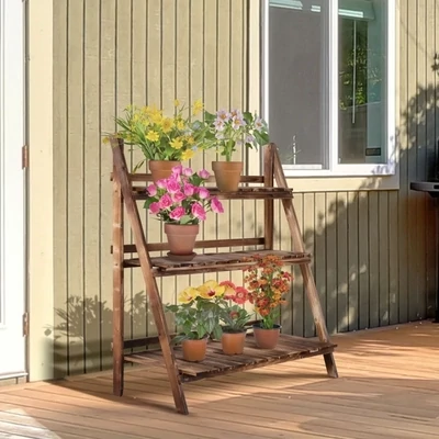 Pflanzentreppe Blumenbank Blumentreppe Blumenregal Pflanzregal Blumenständer 3 Stufen Tannenholz Dunkelbraun 100 x 37 x 93 cm