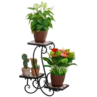 Blumenständer Blumenregal Pflanzenständer Blumenbank Mosaiktisch Kachel Metall für drinnen und draussen Schwarz