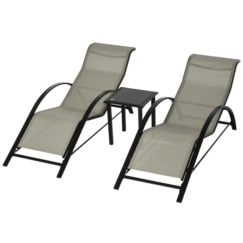 3-tlg. Gartenliegen-Set, 2 Sonnenliegen &amp; 1 Beistelltisch, Metallrahmen, Grau+Schwarz
