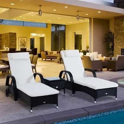 3er Set Sonnenliege mit Rollen + Tisch Polyrattan Schwarz