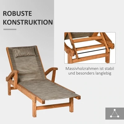 Outdoor-Gartenliege, Sonnenliege, Massivholz, wetterbeständig, 194 cm x 70 cm x 32 cm, Braun + Grau