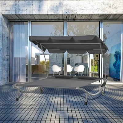 Doppelliege Sonnenliege Relaxliege rollbar mit Dach Stahl Grau 200 x 175 x 134 cm