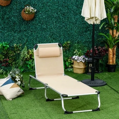 Sonnenliege faltbar, Gartenliege mit Kopfkissen, 4-stufig verstellbar, Alu, 120 kg, Beige