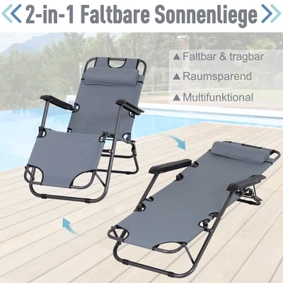 2 in 1 Sonnenliege mit Kissen, Klappbare Strandliege, 2-Stufige Gartenliege, Relaxliege, Metall + Oxfordstoff, Grau 118 x 60 x 80 cm