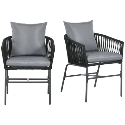 Outdoor Stühle, 2-er Set, Boho-Design, Sitz- und Rückenkissen, bequeme Sitzschale, Metallrahmen, Dunkelgrau